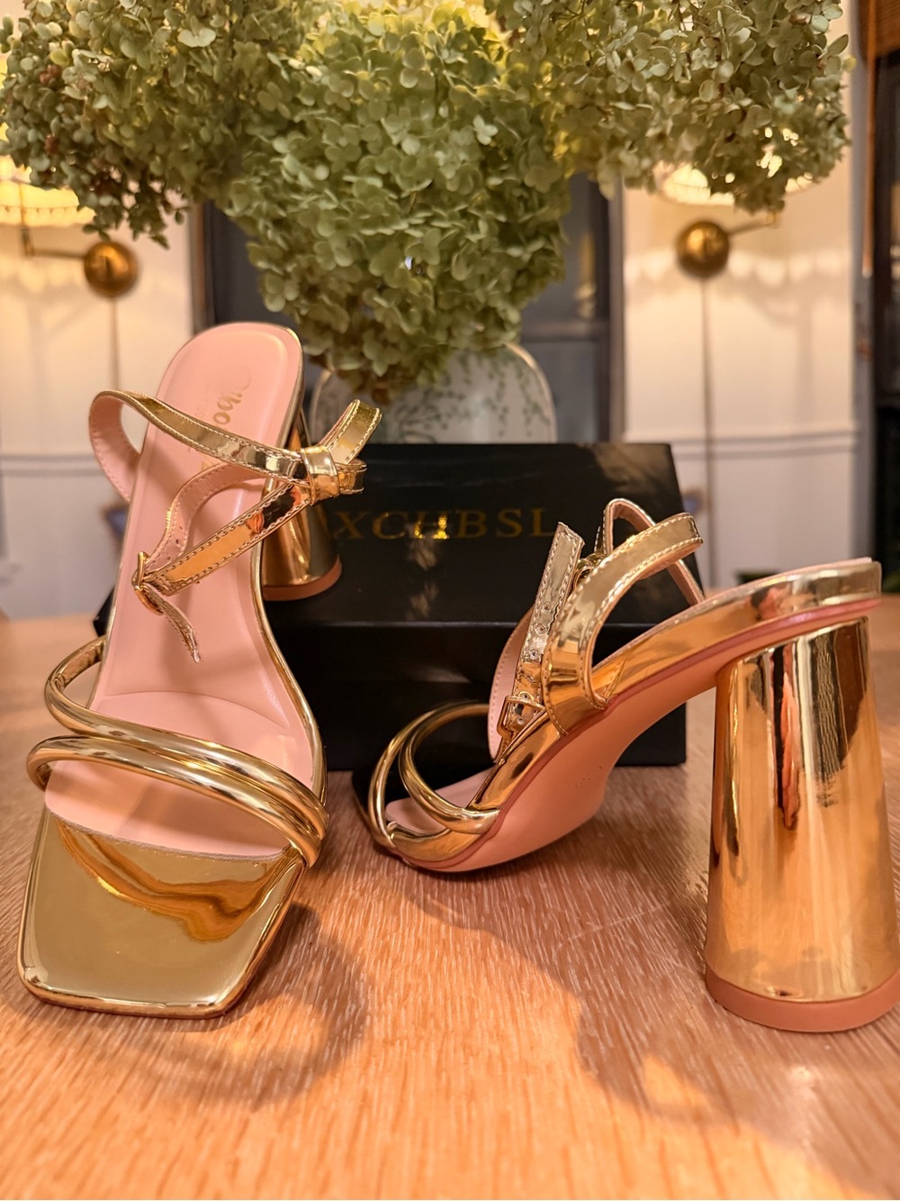 Metallic Gold Strappy Block Heel Sandals for Women
